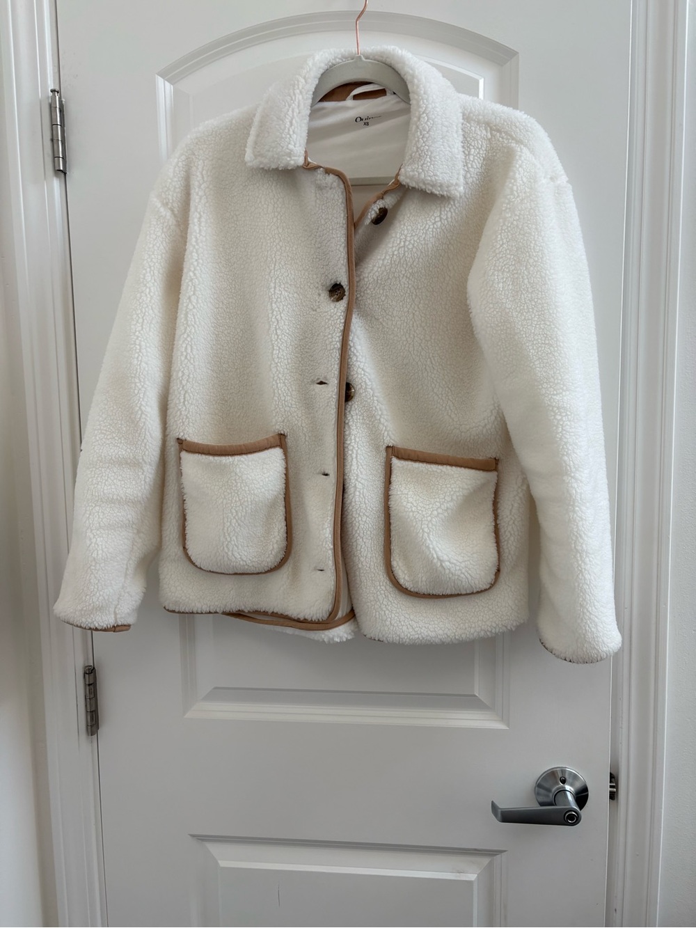 Quince Cozy Cream Sherpa Jacket with Tan Trim